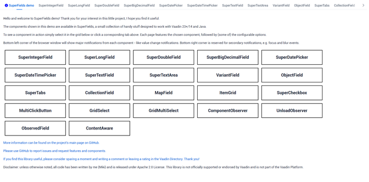 SuperFields Demo App page